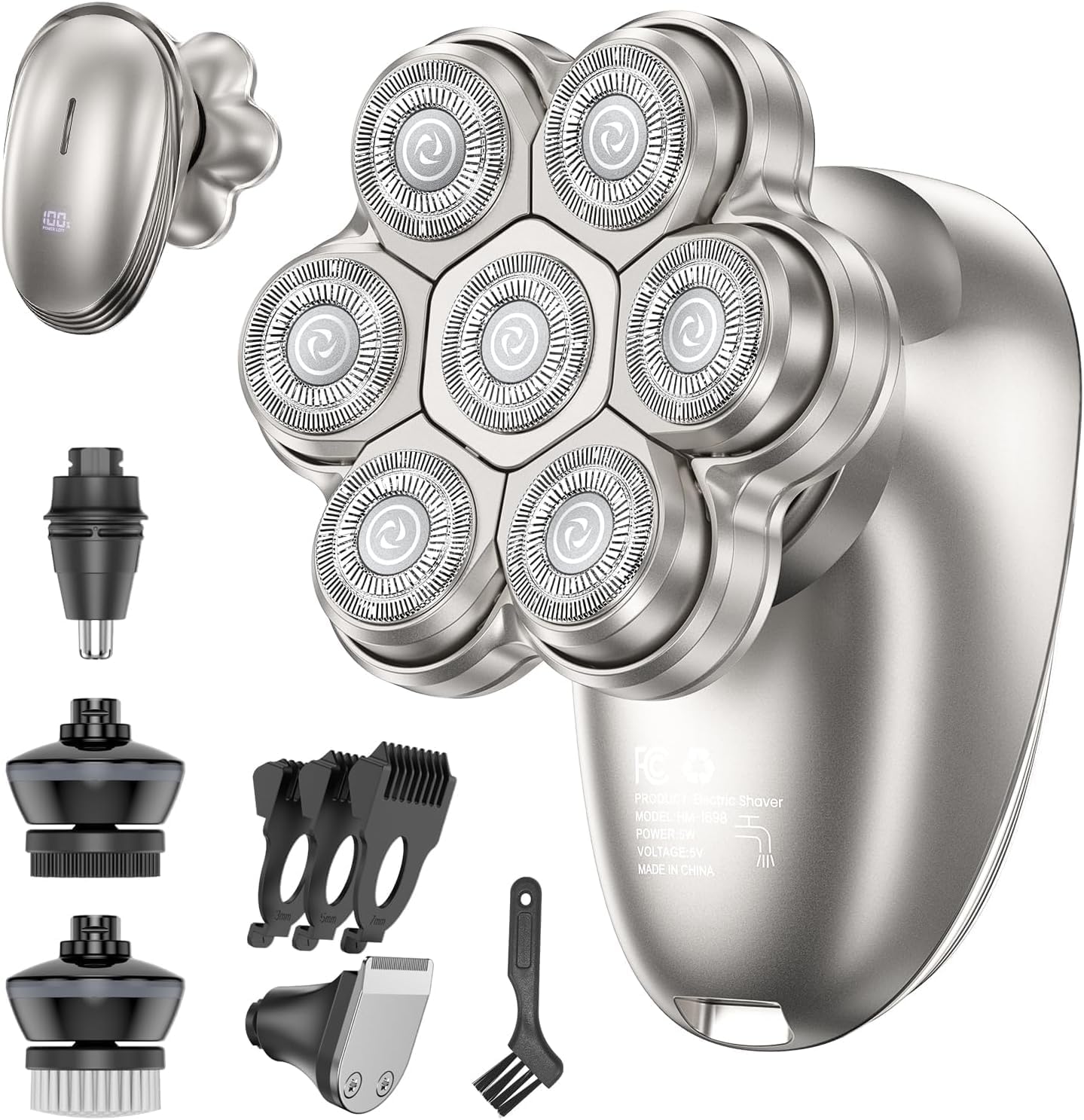 Electric Head Shaver for Bald Men - 7D Magnetic Waterproof Razor | 5-in-1 Grooming Kit (Gray)