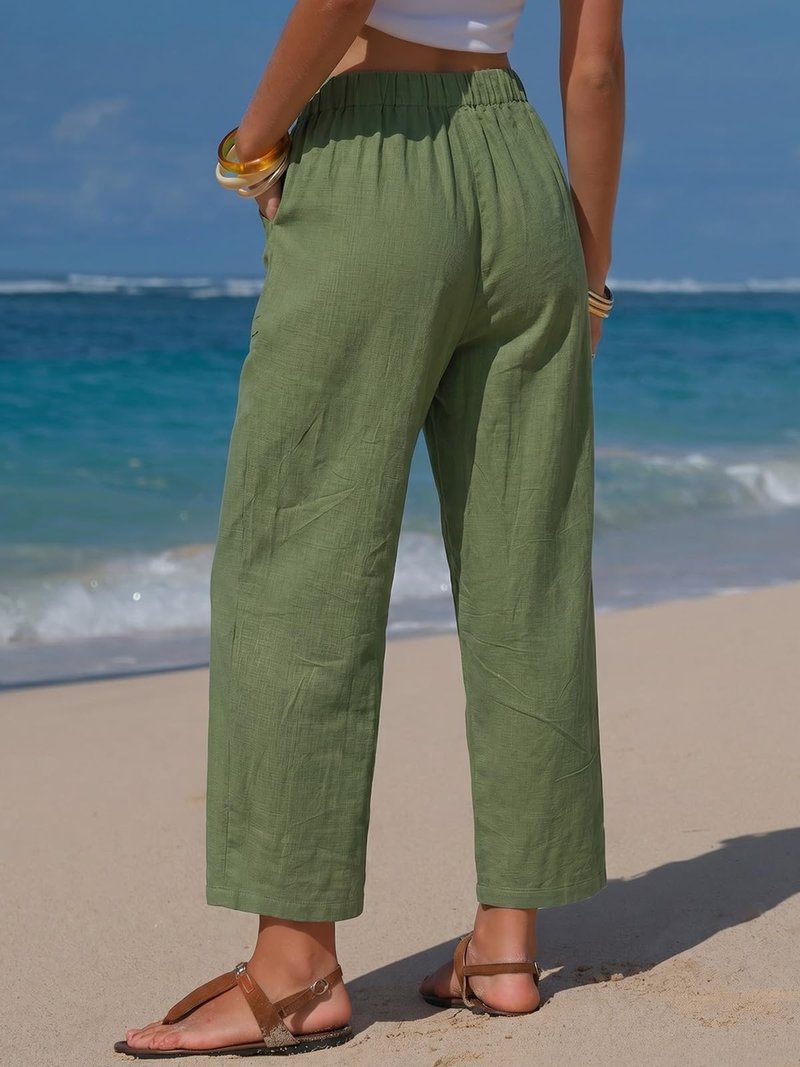EXLURA Womens Summer Faux Linen Striped Barrel Pants Comfy Drawstring Capri Pant with Pockets Beach Vacation Lounge Trousers