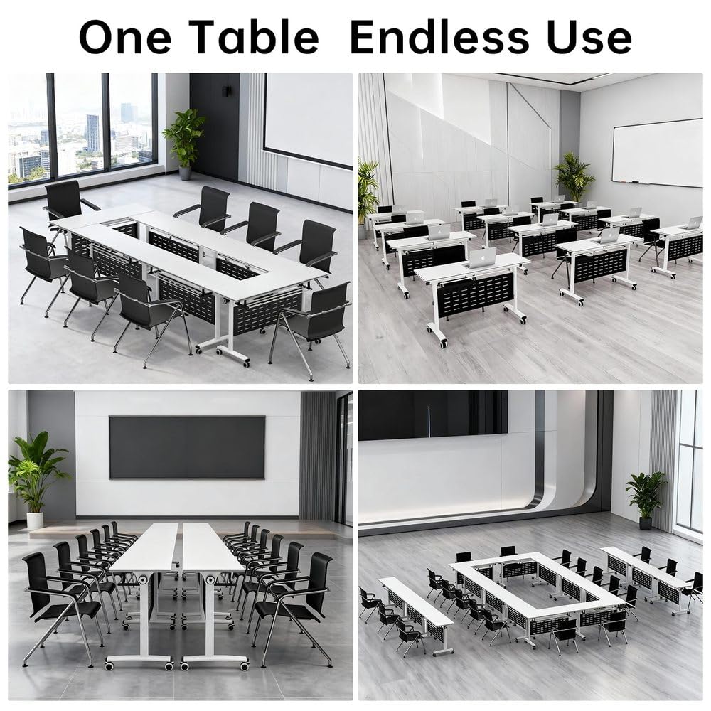 Jyrvonxex Foldable Conference Room Table,Modern Large Mobile Meeting Table with Storage Shelf,Modular Flip-Top Seminar Tables Desk with 360° Silent Wheels for Home Office and Training Classroom,White,