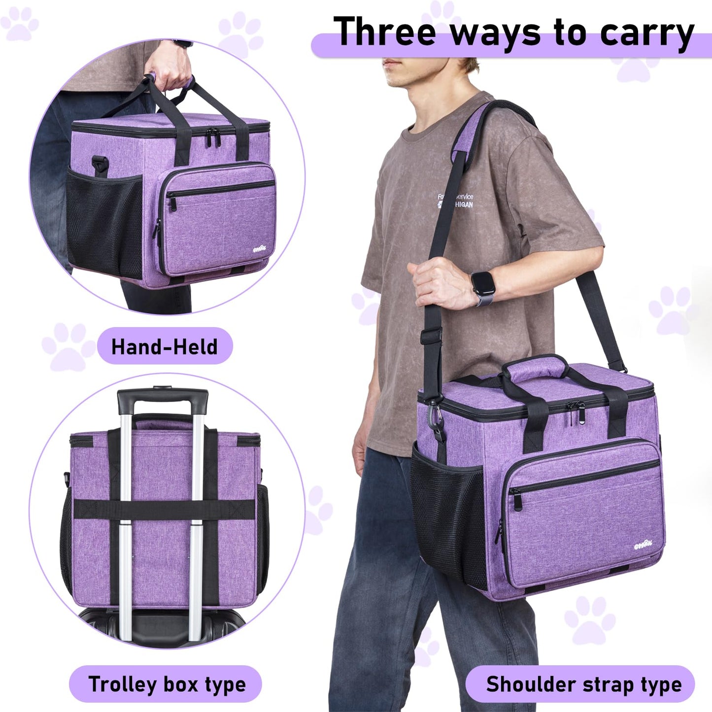GMAK Pet Grooming Bag, Dog Grooming Tote Bags Supplies Organizer Case Pets Tools Organizer Tote for Dog Cat Grooming Tool Kit and Accessories, Purple(Bag Only)