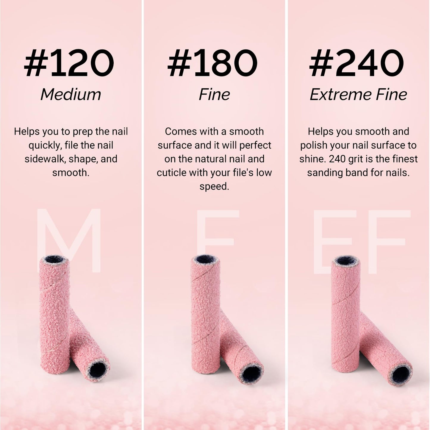 MelodySusie 50 Pcs Nail Drill Bits Super Long Small Sanding Bands with 3.1mm Crystal Mandrel Bit, 180 Fine Grit Nail File for Acrylic Nails Gel Manicures and Pedicure, Pink