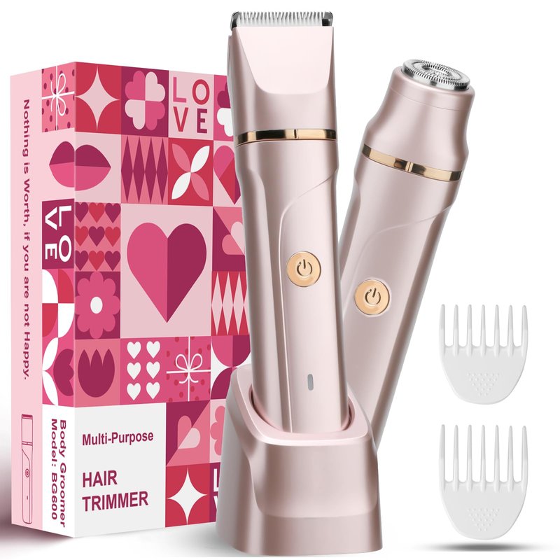 VEGITERIA Bikini Trimmer for Women 2 in 1 Electric Razors Shaver Facial Hair Removal for Women Pubic, Armpit, Face &Precision Areas, IPX7 Waterproof,Rechargeable Dock, Rose Golden