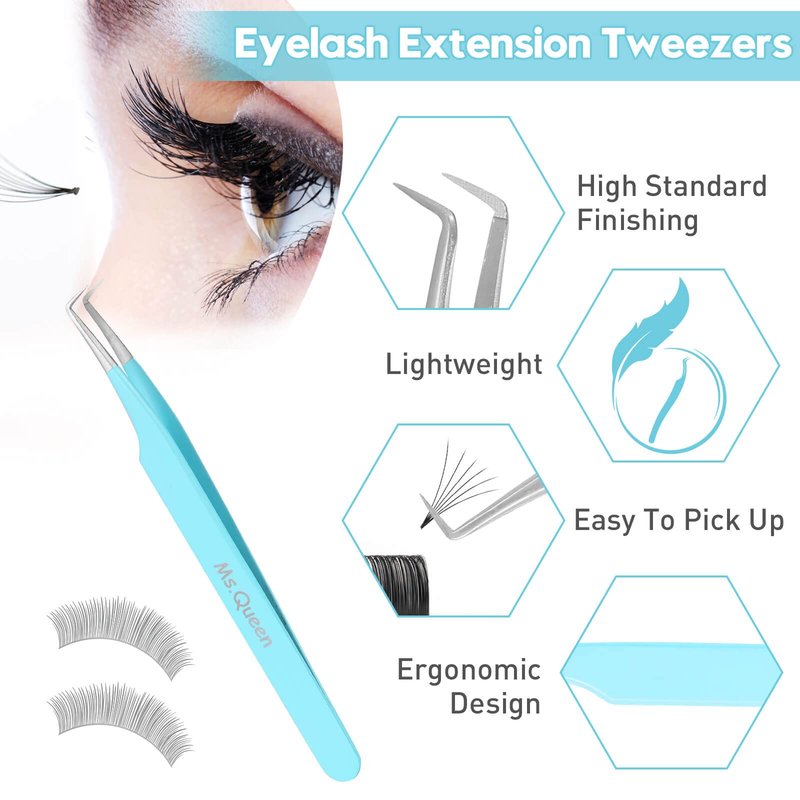 Ms.Queen Lash Tweezers for Eyelash Extensions, Precision Fiber Tip 90 Degree Tweezers for Mega Volume Lashes Extensions, Blue