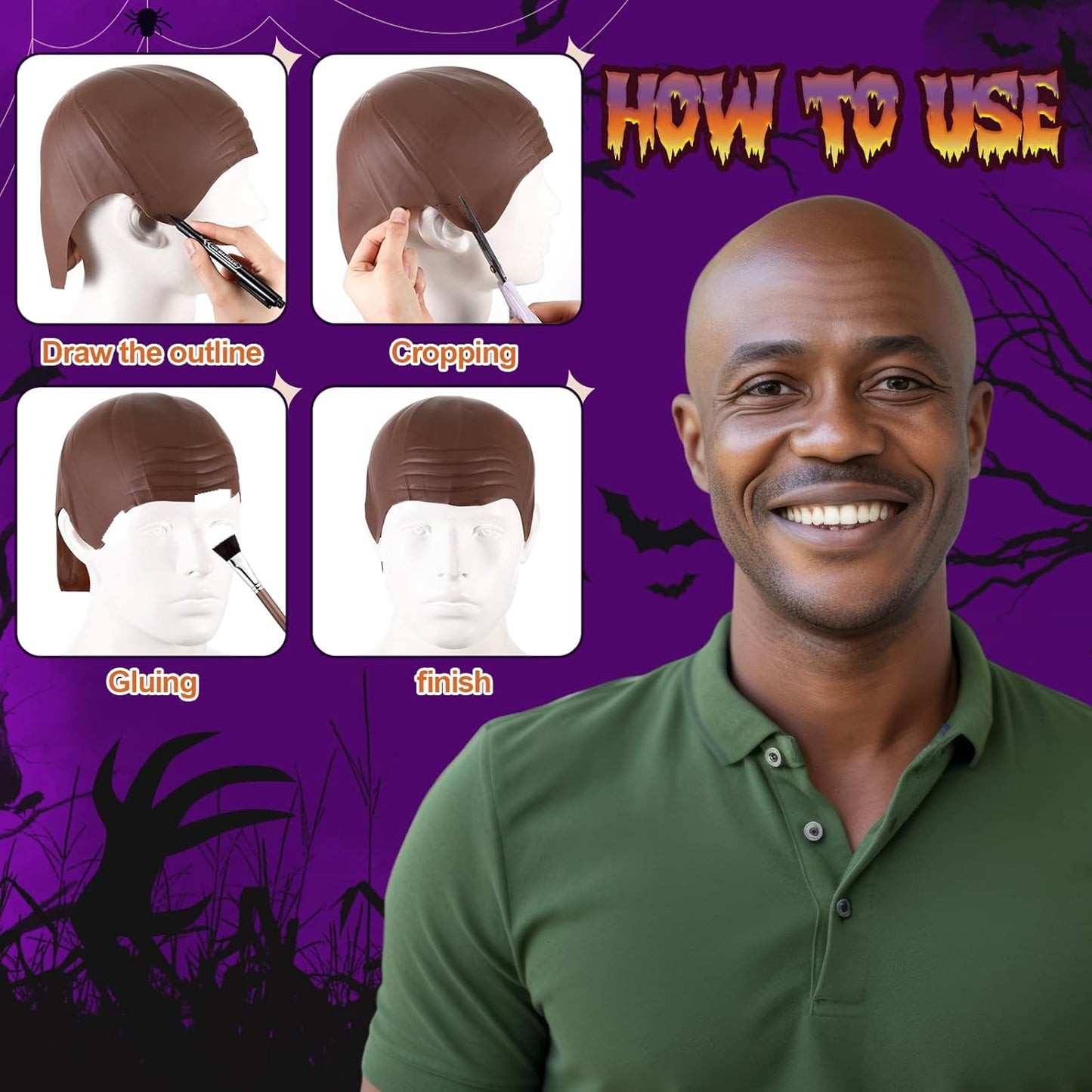 Halloween Bald Caps - Latex Wig Cap for Costume | 4-Pack Dark Brown, Large