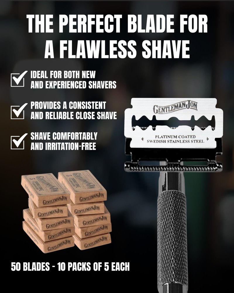 Gentleman Jon 50-Pack Platinum Double Edge Razor Blades - Premium Swedish Stainless Steel Safety Razor Blades - Platinum Coated Blade For Smooth and Comfortable Shaves - Fits Most Men's Safety Razors