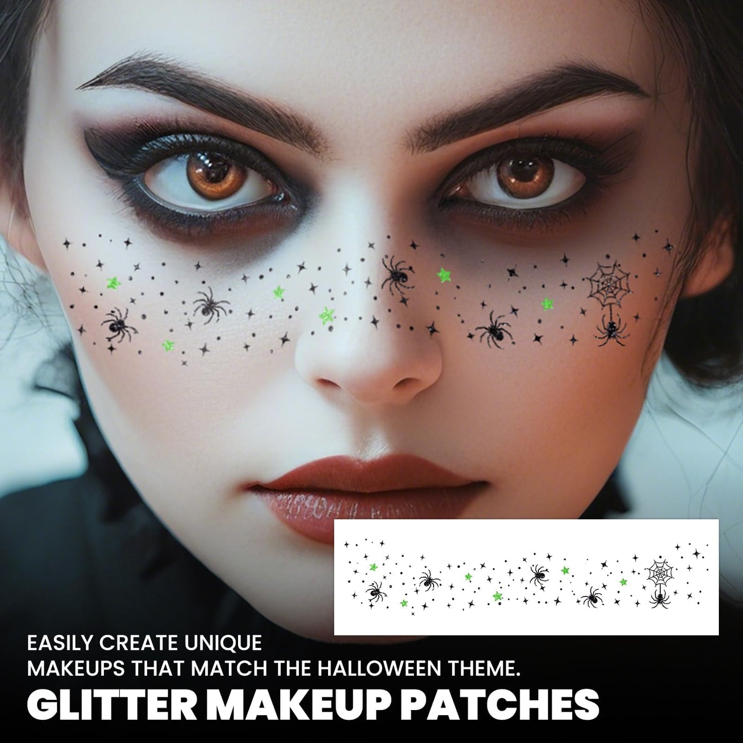 EMOME Halloween Decorations, Halloween Glitter Faux Freckles Face Tattoos with Black Orange Purple Face Gems, Halloween Rave Accessories Face Paint Makeup Kit for Women, Party Supplies