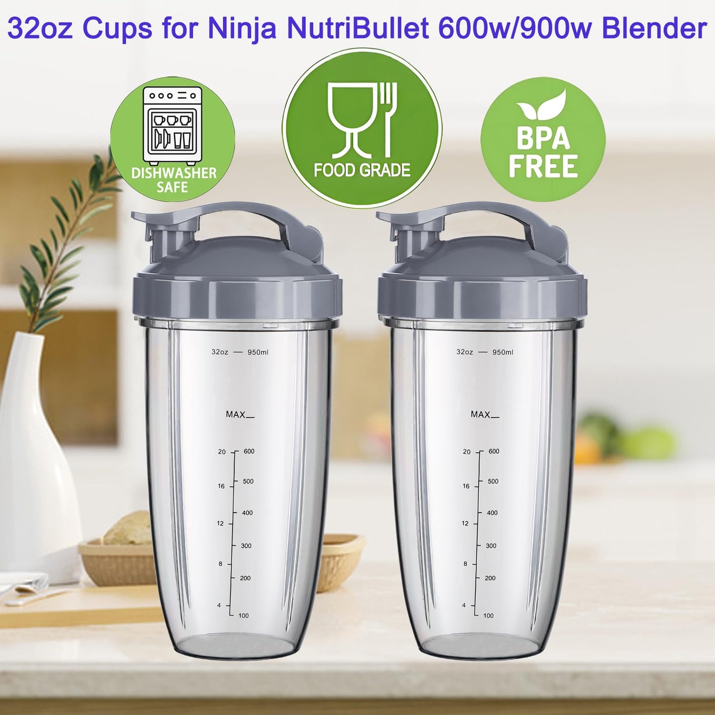 For Nutribullet Blender Cups, Blender Replacement Parts 32oz Cups with Flip-Top To-Go-Lid Compatible with Nutribullet Replacement Parts 32oz for Nutri Bullet 600W and 900W NBR-0601WM