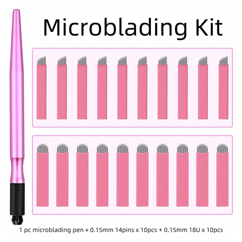 Guapa Professional Manual Microblading Pen Kit with 20 Disposable Microblading Needles - Matte Black/Pink Pen,Ergonomic Design for Eyebrow and Lip Tattooing (Kit 1-Pink)