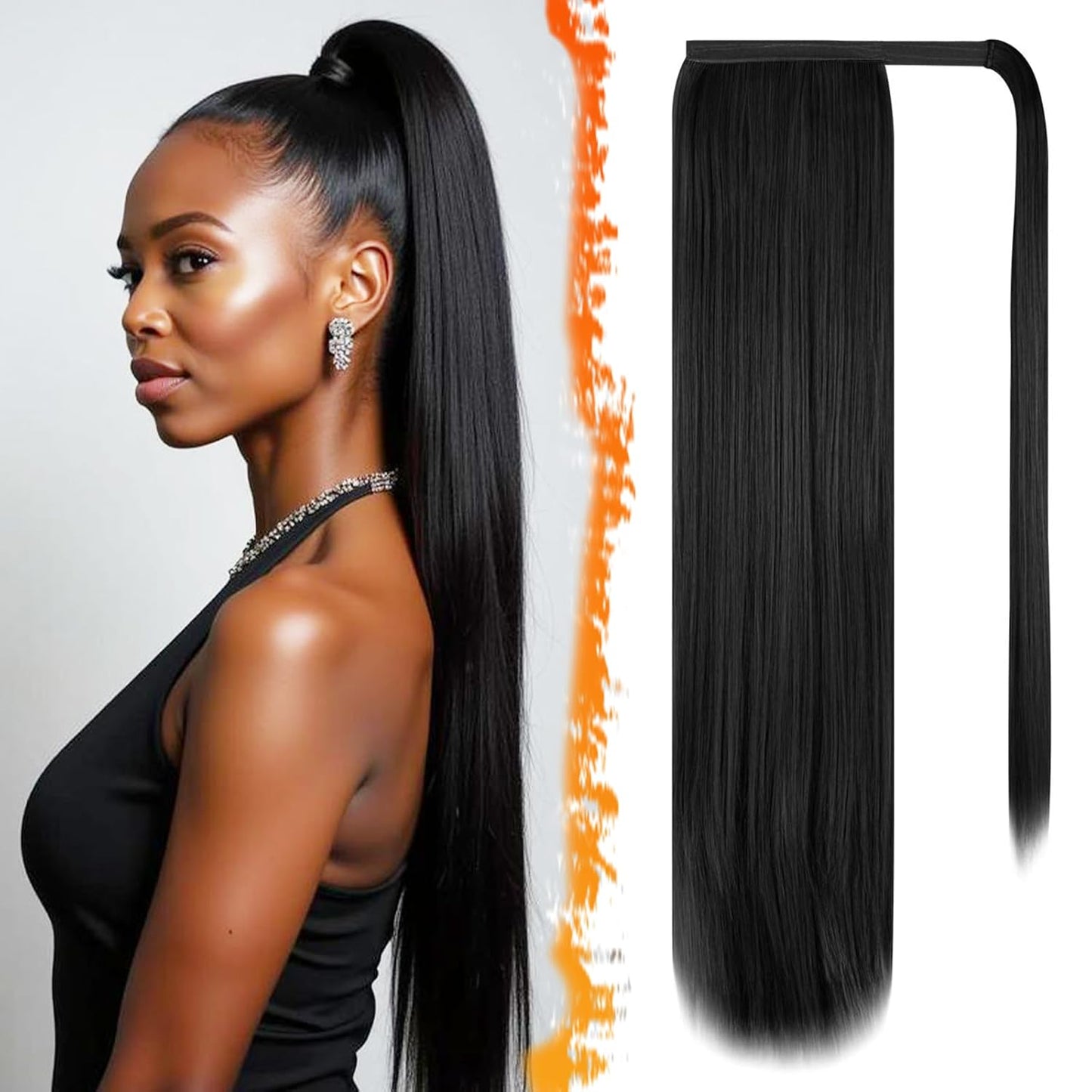 Dark Brown Straight Wrap Ponytail Extension - 24 Inch Clip-In Hairpiece for Black Women | Synthetic Hair
