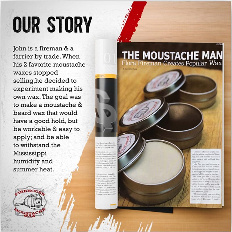 Firehouse Moustache Wax - Made in USA - Light Hold Mustache & Beard Wax - All-Weather, Naturally Scented and Colored (LIGHT, 1 Ounce Tin) - Handmade in Small Batches by John the Fireman