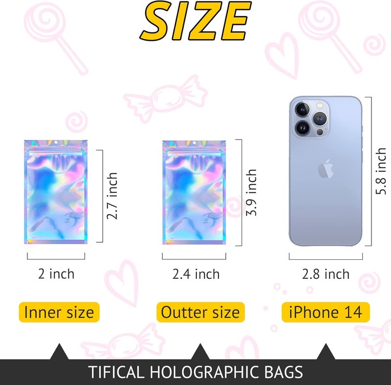 Holographic Smell Proof Resealable Bags - 100 PCS Mylar Gift Bags for Food, Jewelry & Party Favors | 2.4x3.9 Inch