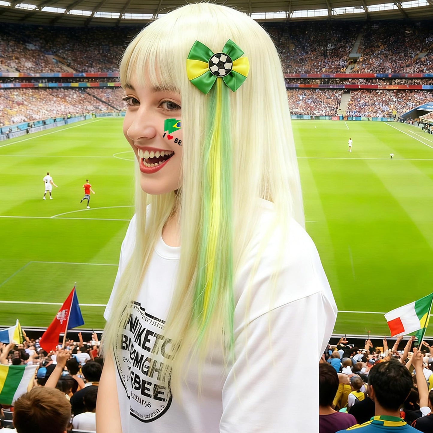 Ksheria 2026 Soccer BRAZIL Adult Supporter Kit – 7PCS National Team Fan Accessories with Wig Hair Clip, Bracelets & Patriotic Face Decals for Stadium Events & Game Day (BRAZIL)