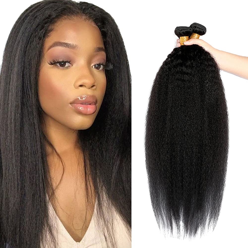 DiexrLamx Kinky Straight Bundles Human Hair 3 Bundles/150g 14 16 18 Inch Brazilian Unprocessed Virgin Kinky Straight Hair Extensions Natural Black Color