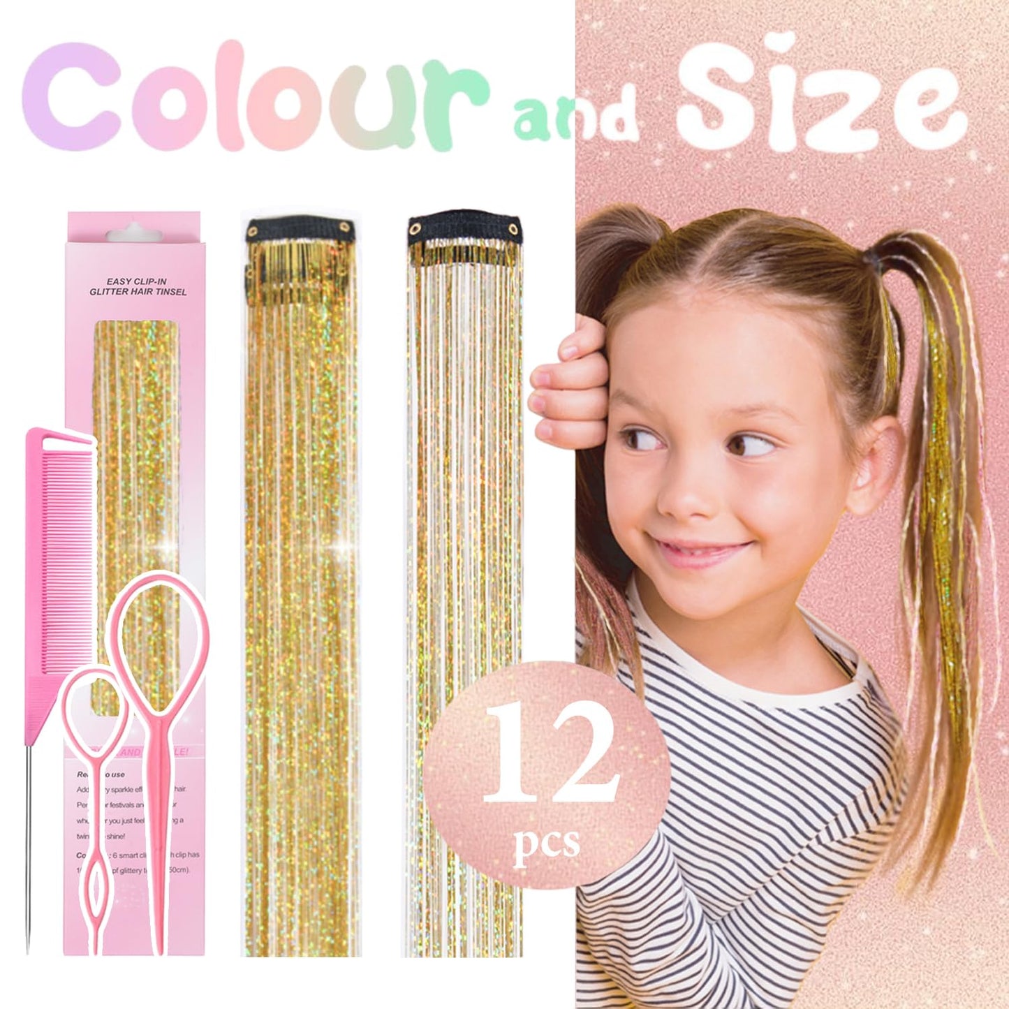 Hair Tinsel Kit - 12 Pcs 24 Inch Gold Glitter Clip-In Hair Extensions for Girls & Women | Perfect for Christmas & New Year Parties