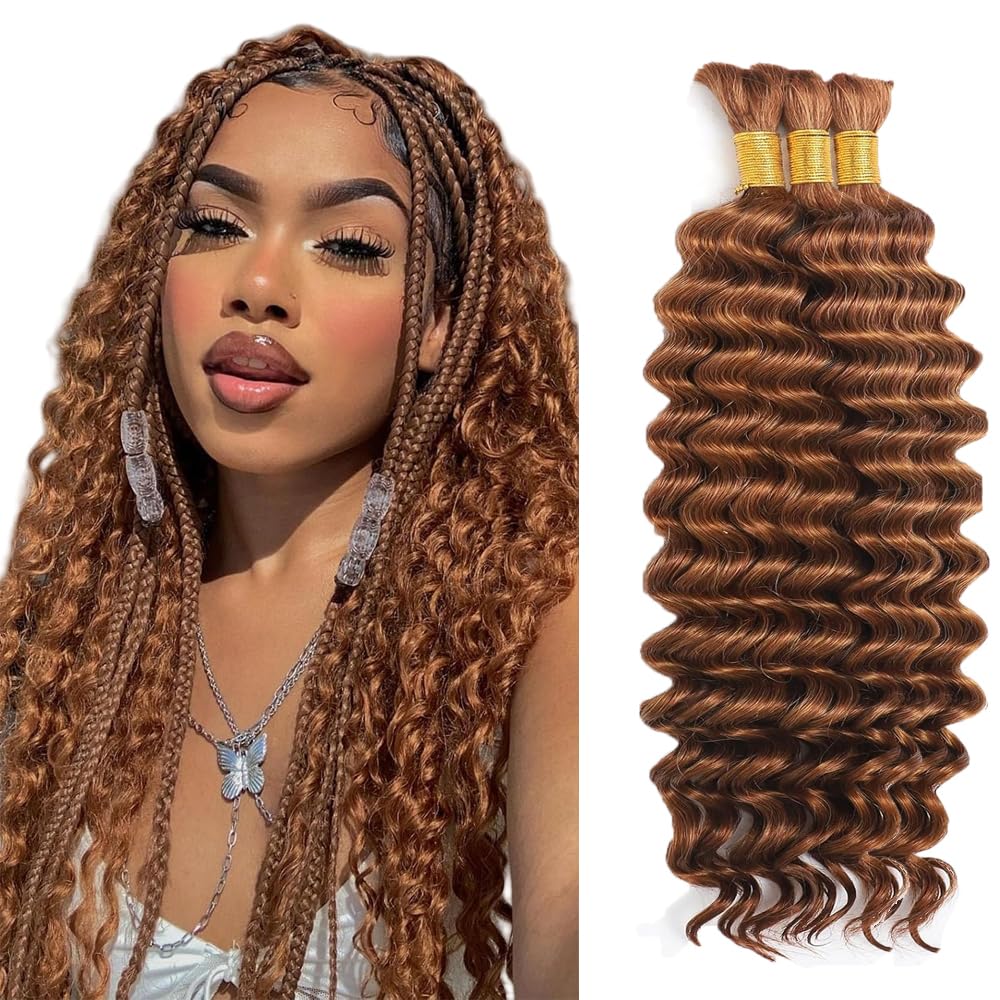 32 32 32 Inch #30 Human Braiding Hair For Boho Braids light Brwon Bulk Crochet Human Hair Boho Braiding #30 Deep Wave Braids Bulk Bohemian 3 Bundles/Pack 150g