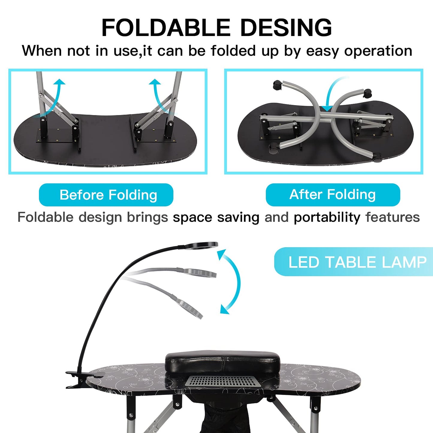 LOVEVLOGY LOVELOGY Portable Manicure Table，Nail Desk 4 Lockable with Wheels,Manicure Desk for Nail Tech with LED Light & Dust Collector,Black