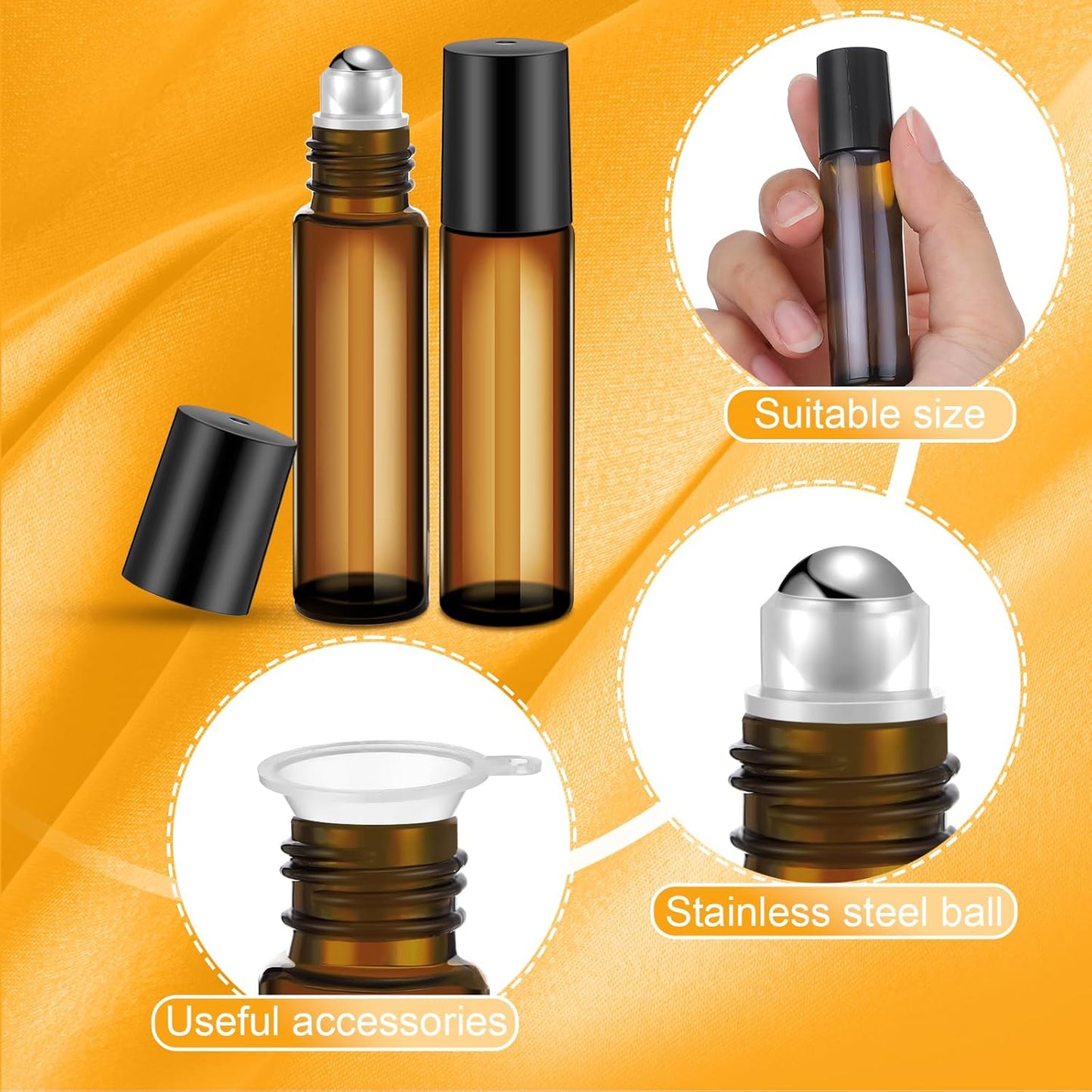 Essential Oil Roller Bottles - 150 Pcs 10 ml Glass Roll-On Bottles with Stainless Steel Balls | Leak-Proof & Travel-Friendly (Amber)