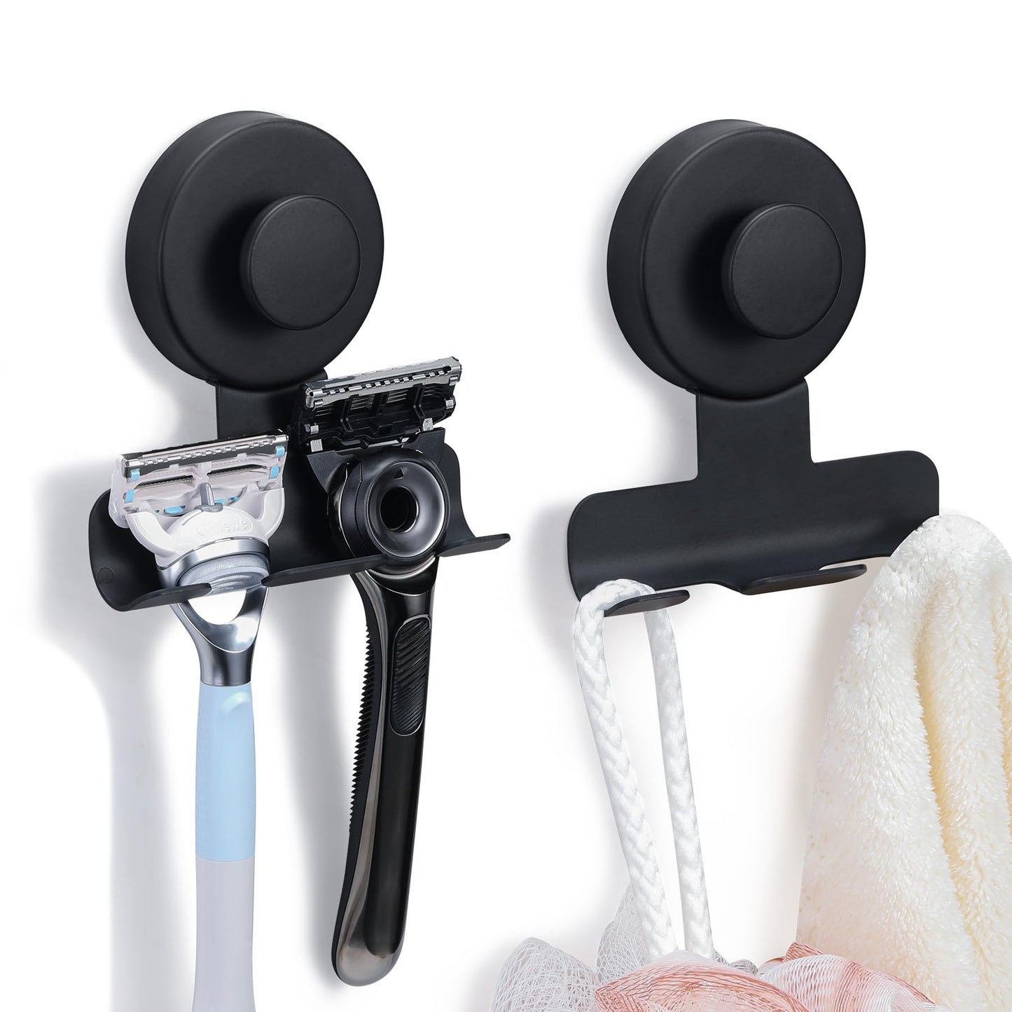 Fenas Suction Cup Razor and Shaver Holder for Shower Wall, Stainless Steel Reusable Suction Hook for Towel and Loofah, Damage-Free Installation (2, Matte Black)