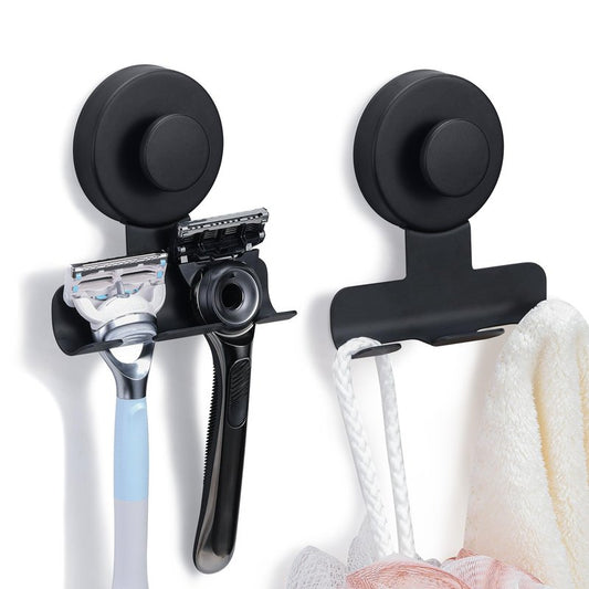 Fenas Suction Cup Razor and Shaver Holder for Shower Wall, Stainless Steel Reusable Suction Hook for Towel and Loofah, Damage-Free Installation (2, Matte Black)
