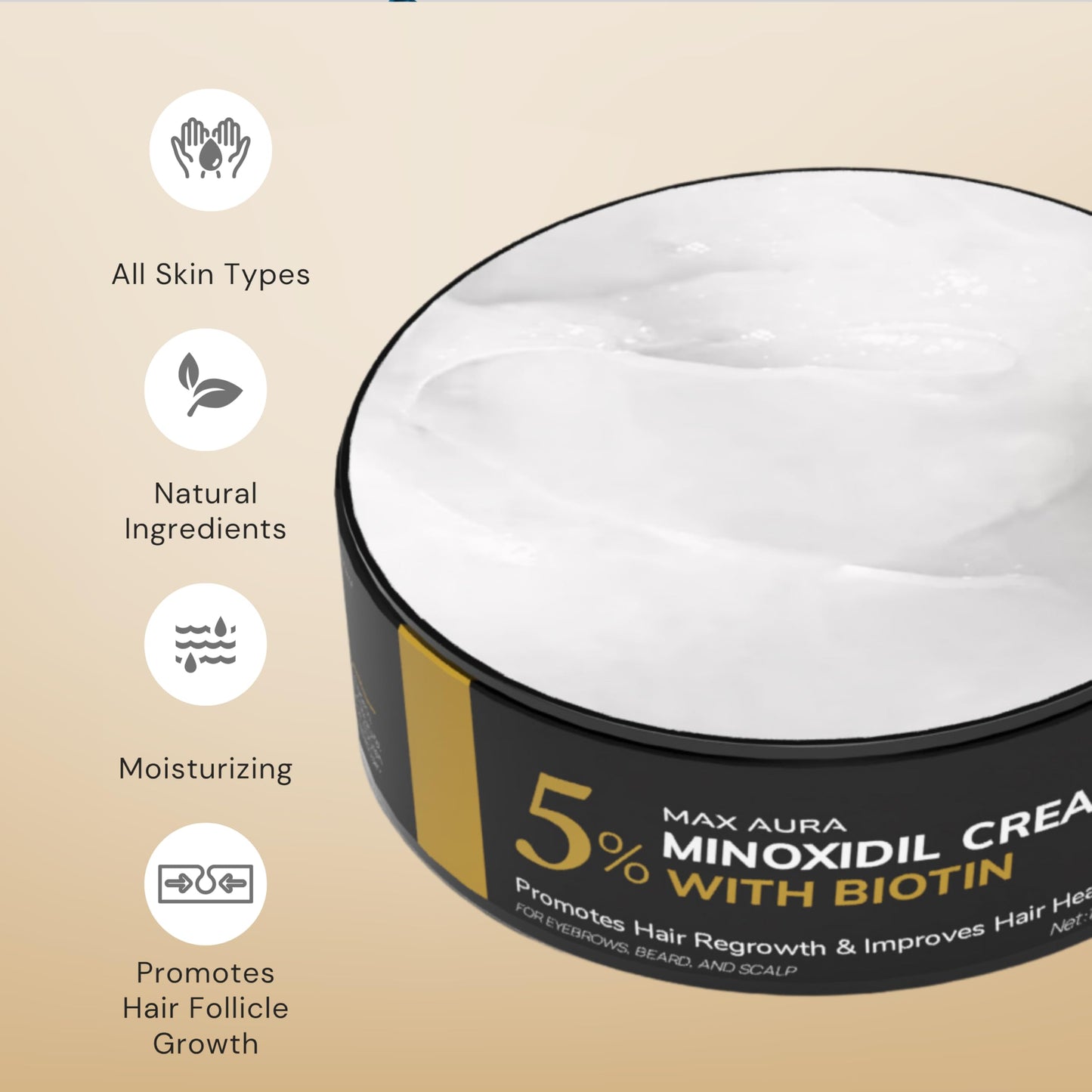 MAX AURA Minoxidil Cream with Biotin - 5% Extra Strength - Treatment for Thinning Hair and Hair Loss for Men - Hair Loss Treatment, Minoxidil Topical Solution For Thicker Fuller Hair