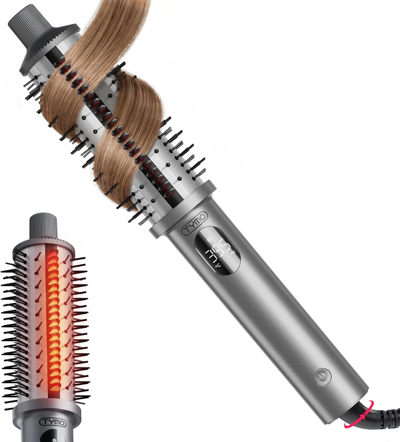 Tymo Stylux Pro Thermal Brush - 1.5 Inch Heated Round Volumizer & Curler | LCD Display, 5 Temp Settings, Dual Voltage, Gray