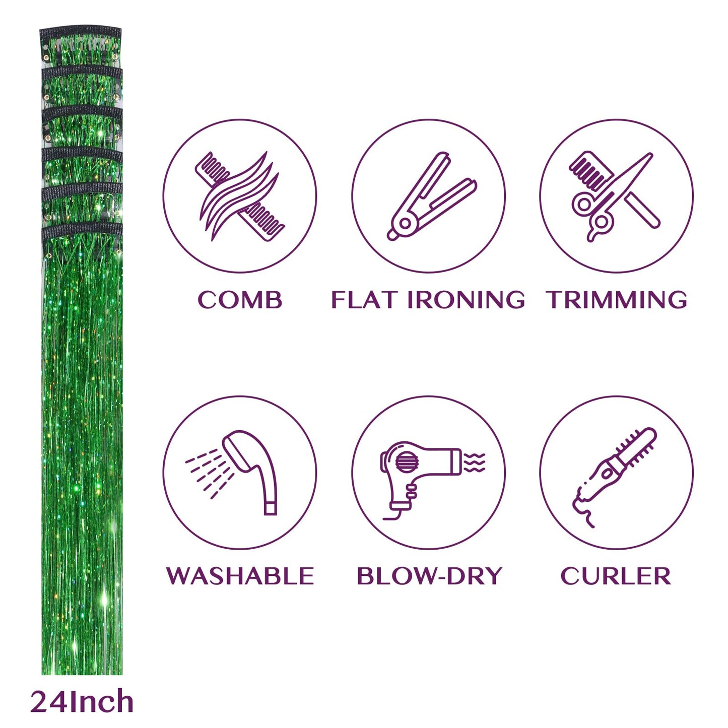 IDN BEAUTY Hair Tinsel Clip in, 6pcs Green Sparkling Tinsel Hair Extensions 3s Wear and Go for Party Daily Travel Birthday, 24Inch Hair Accessories for Girls Women Kids