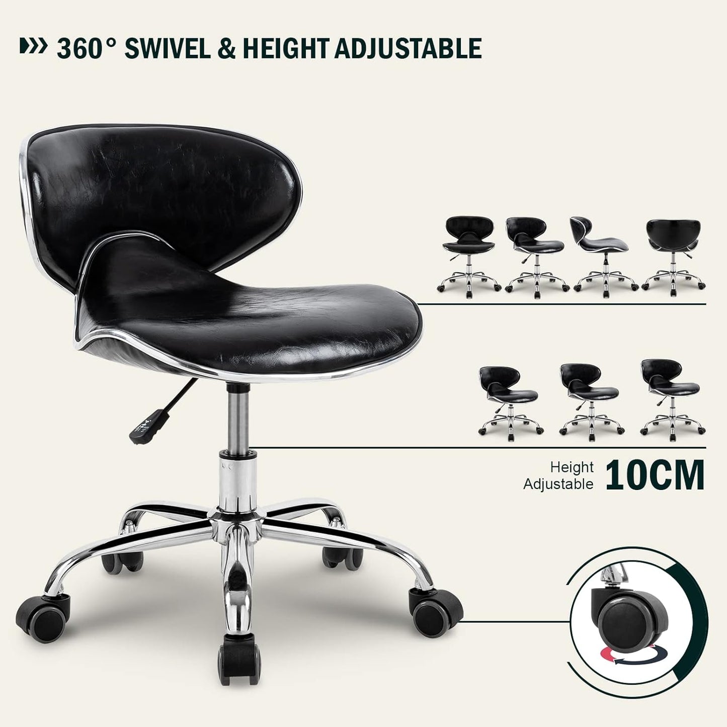 Paddie Pedicure Stool - Height Adjustable Hydraulic Swivel Chair with Back Support | Ideal for Nail Techs, Salons & Spas - Black