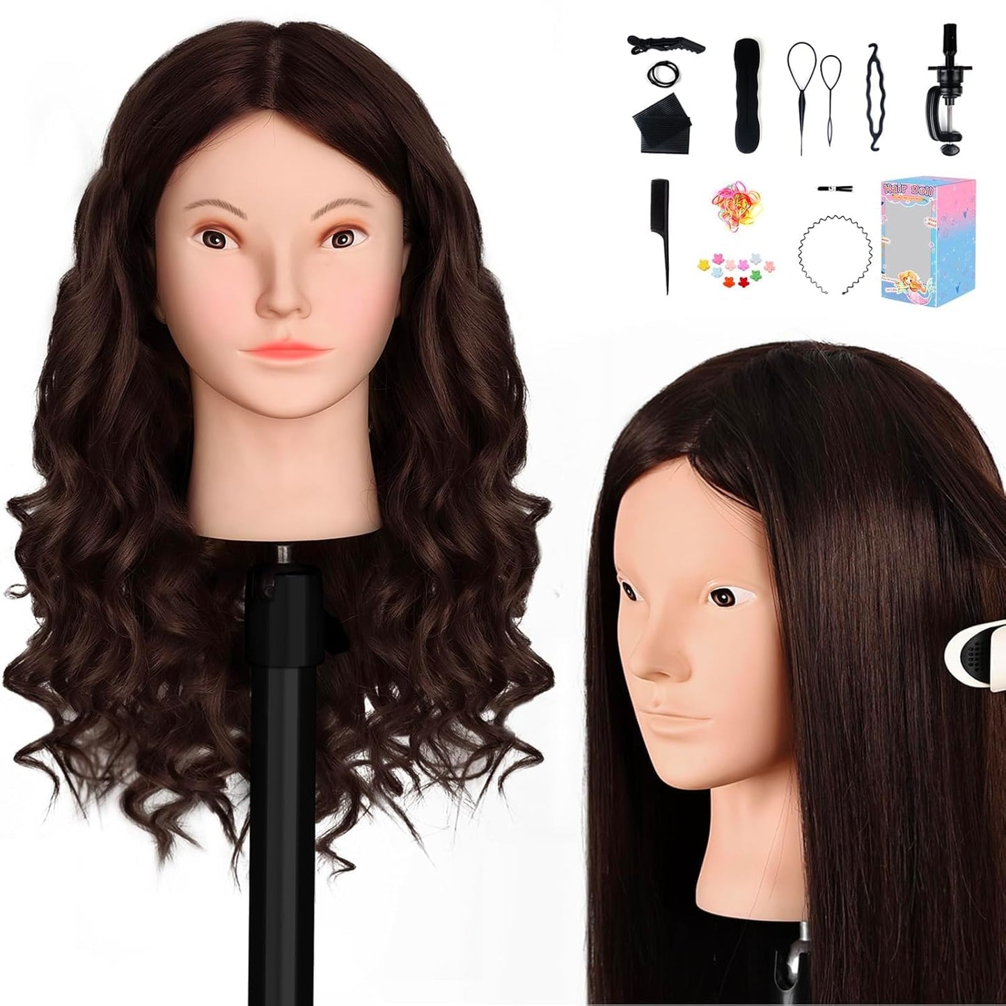 Mannequin Head - 26" Straight Hair Manikin with 80% Human Hair | Cosmetology Training Doll, Dark Brown