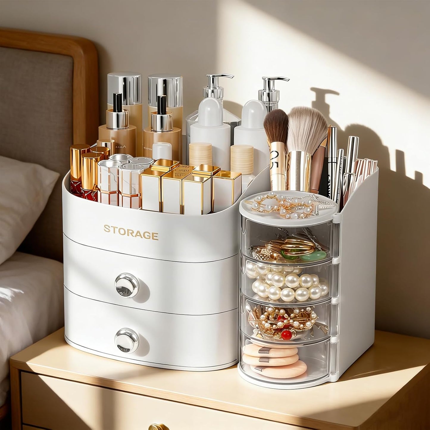 Makeup Organizer for Vanity - Skincare & Cosmetic Storage with Drawers | Brush Holder, Lipstick, Jewelry - White