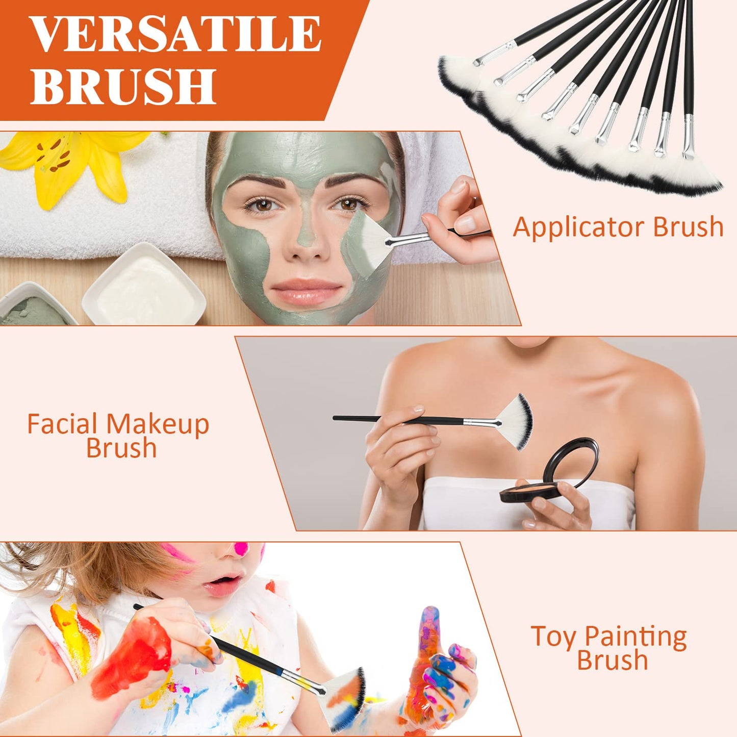 9 Pieces Facial Fan Mask Brushes, Soft Facial Applicator Brushes Tools for Peel Glycolic Makeup for Mud Cream(Black and Silver)