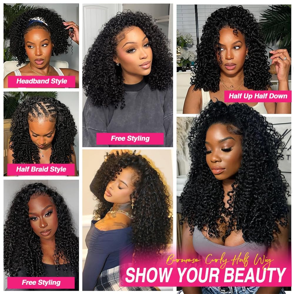 Burmese Curly Half Wig - 12 Inch Glueless Human Hair | 200% Density, Beginner Friendly