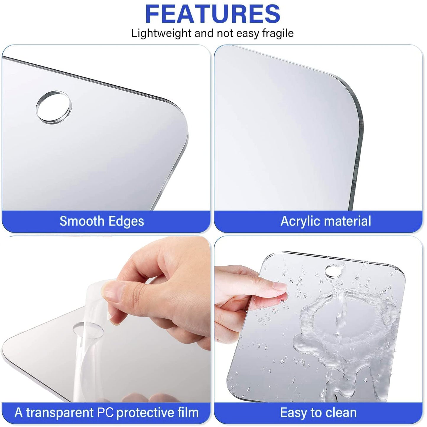 DFLLLO Shower Mirror Shaving Mirror Acrylic Small Travel Makeup Bathroom Wall Hanging Plastic Mirror for Women Men 11" x 7.48" with 1 Adhesive Hooks
