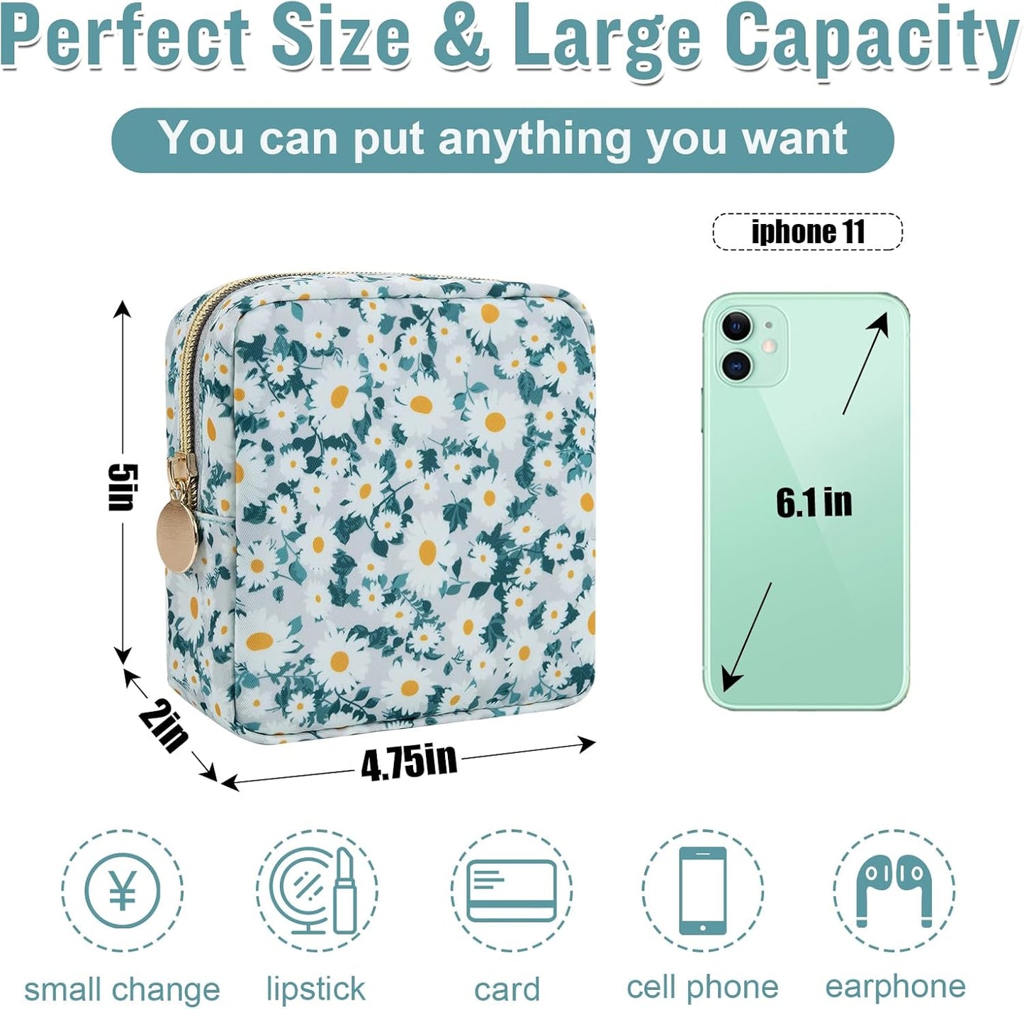 Floral Makeup Bag - Nylon Travel Cosmetic Organizer | Waterproof Zipper Pouch for Women (Green-Daisy)