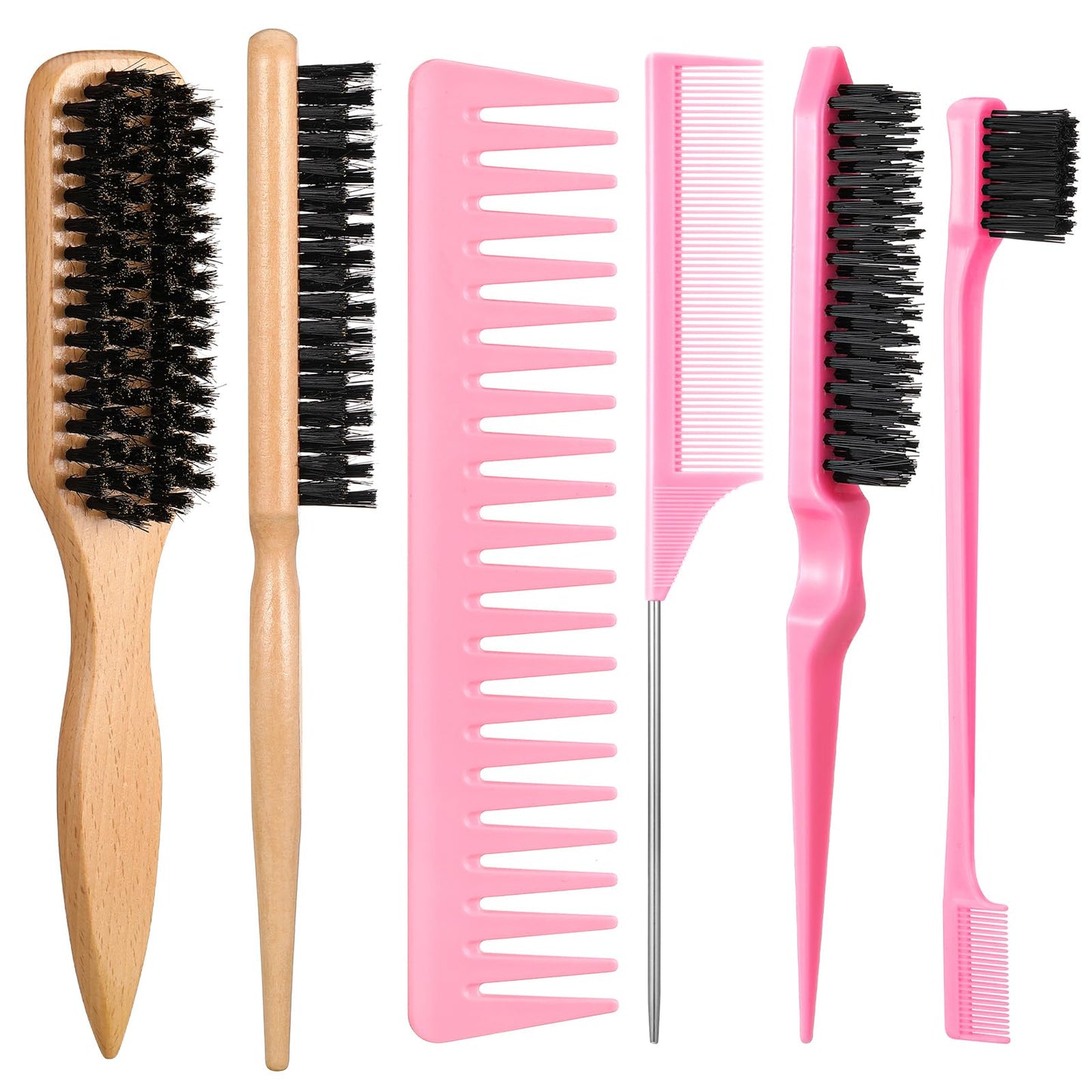 6 Pcs Boar Bristle Slick Back Hair Brush with Pink Edge Brush, Rat Tail Comb and Wide Tooth Comb for Women Men