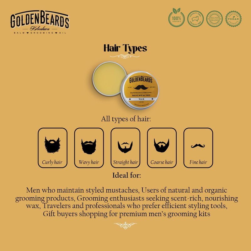 Golden Beards Mustache Wax – Organic & Natural Medium Hold Styling Wax for Men, Nourishing Beeswax & Oils, Handmade in Denmark 30ml (1oz)