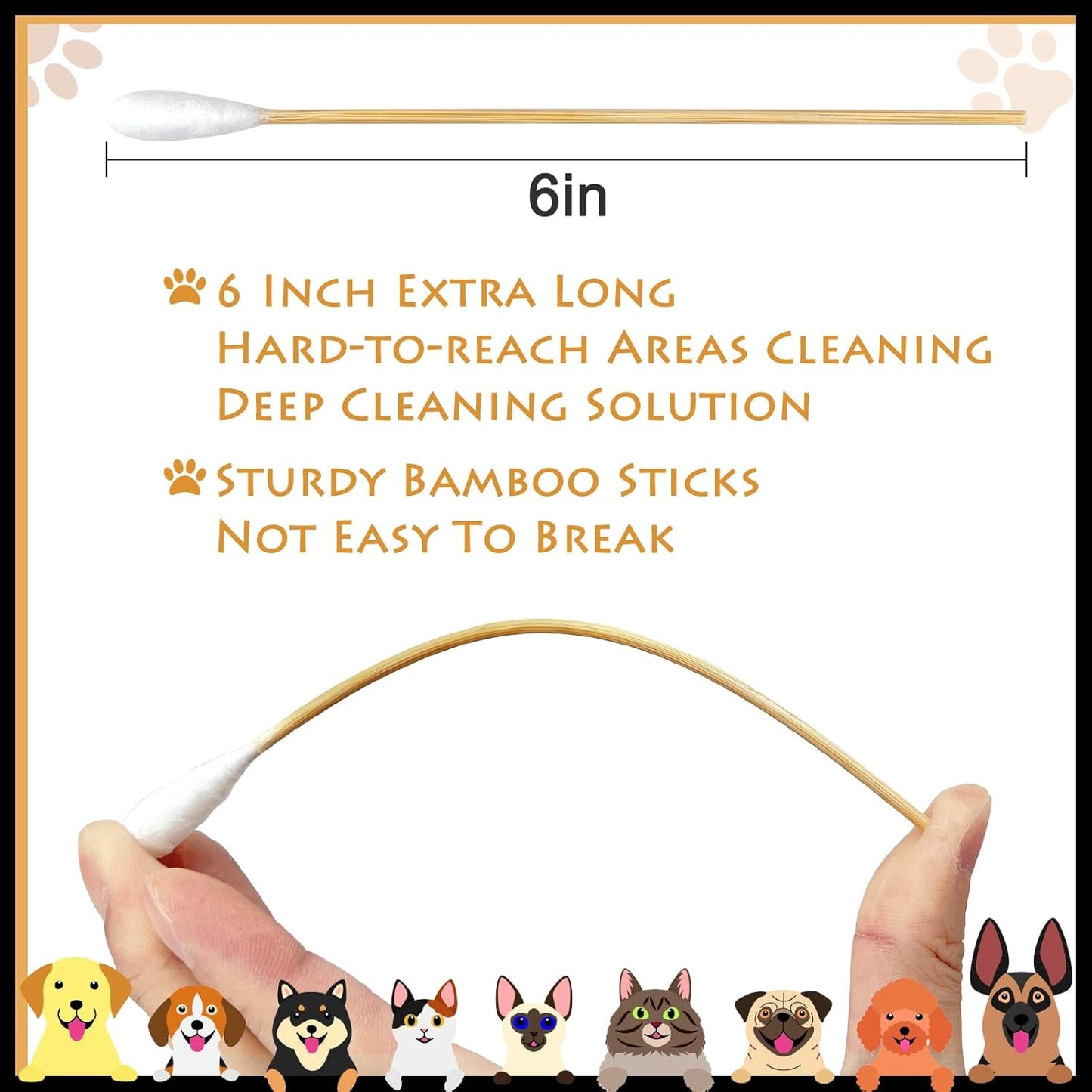 Cotton Swabs for Pet Cleaning - 6 Inch Bamboo Handle | 100 Pcs for Dogs & Cats