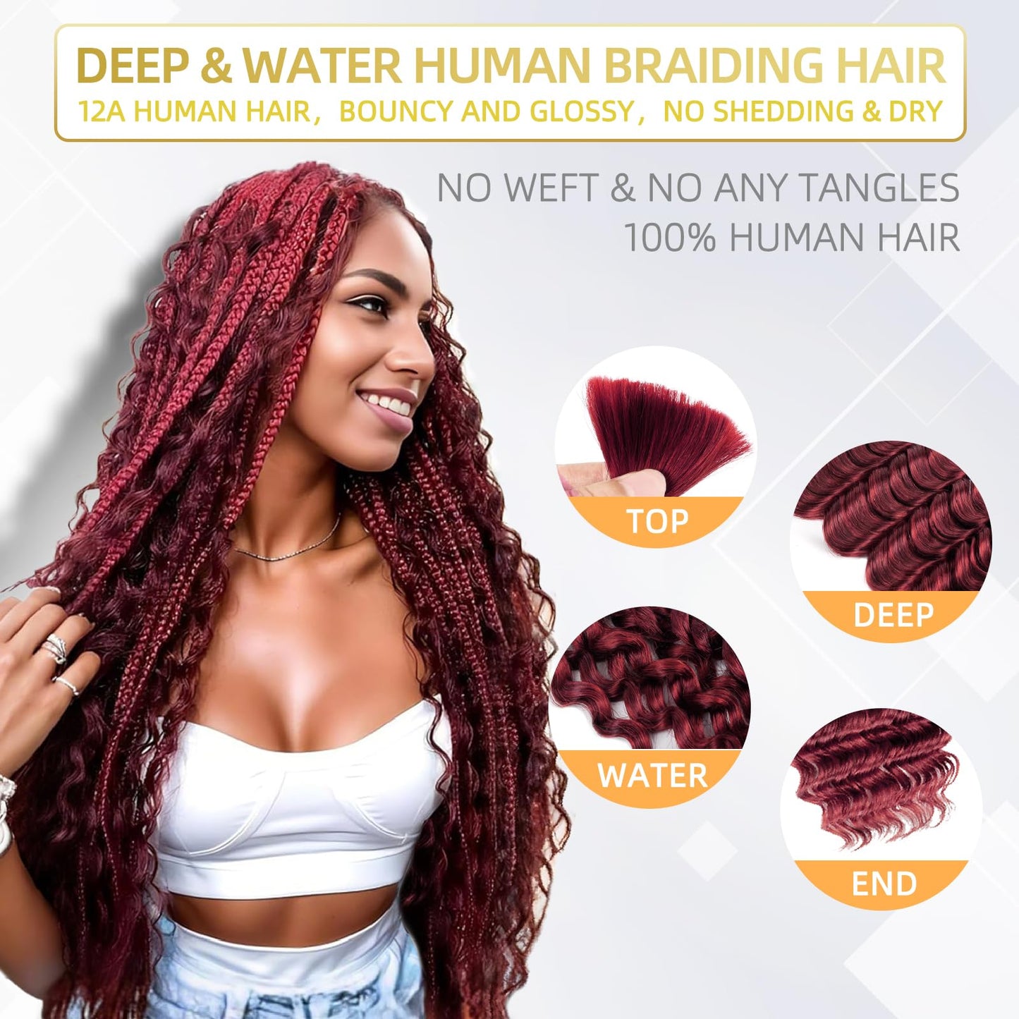 Human Braiding Hair for Boho Braids Human Hair 2 Bundles 100g Water Wave Bulk Human Hair for Braiding Burgundy Color No Weft Hair Extensions for Boho Knotless Braids 22 Inch (99J#)