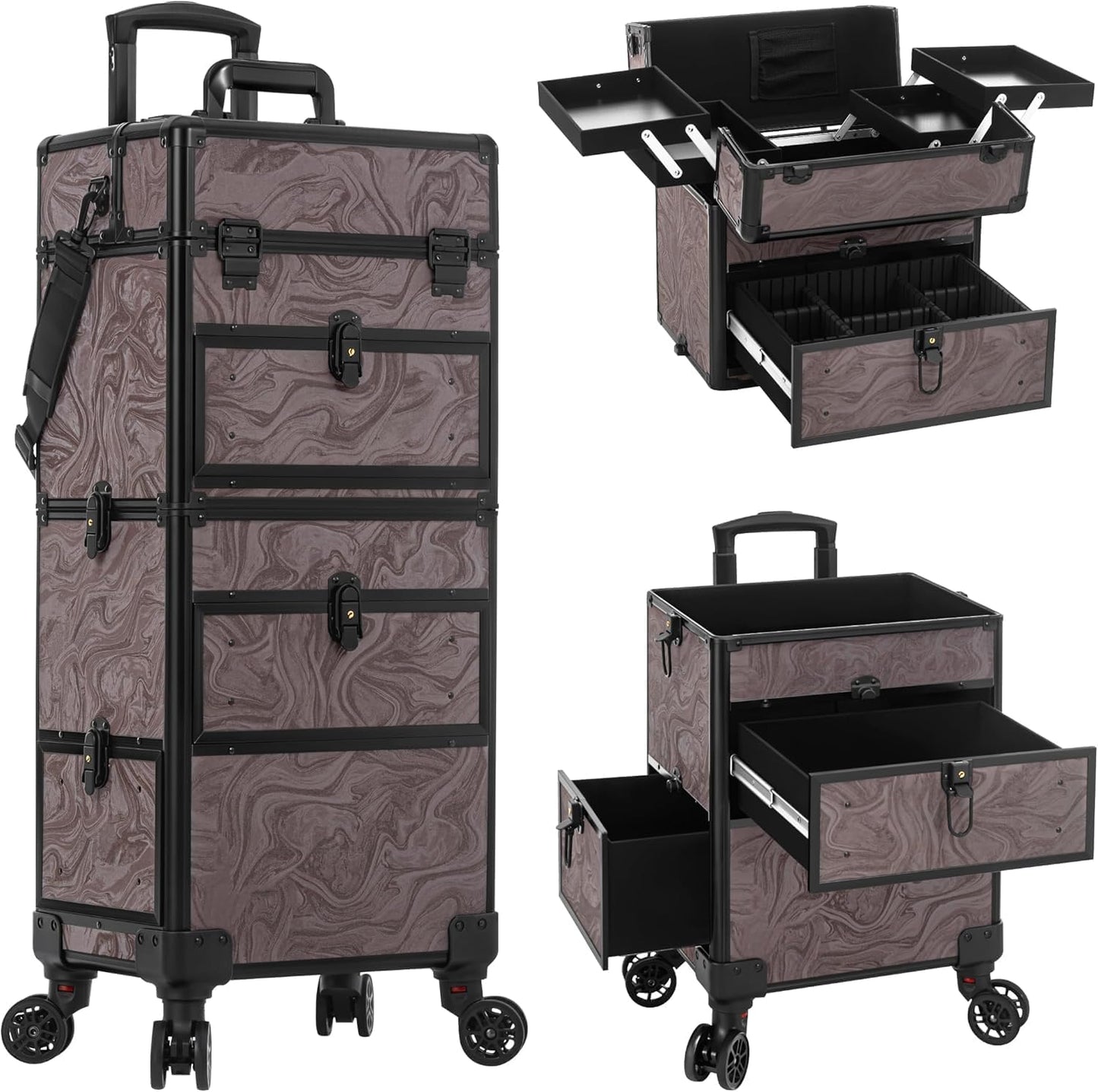 Rolling Makeup Case - 5-in-1 Cosmetology Organizer on Wheels | 3 Drawer Makeup Train Case in Ink Black