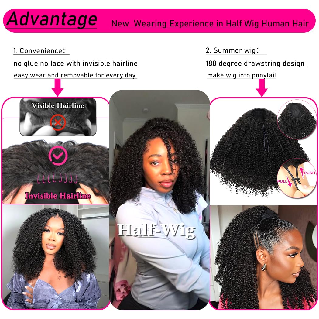 Kinky Curly Half Wig - 200 Density Human Hair | Seamless Flip Over Design, 20 Inch, Glueless & Beginner Friendly
