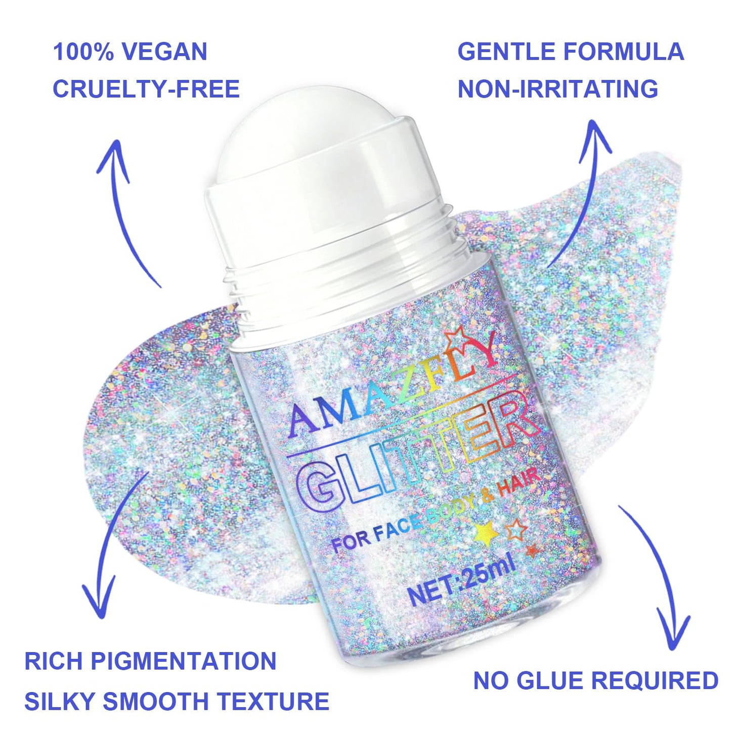 Roll-on Holographic Body Glitter Gel for Face and Hair, Chameleon Color Changing Glitter Gel Under Light, Chunky Mermaid Sequins Shimmer Makeup for Halloween Party Rave Accessories (Glint-Rainbow)