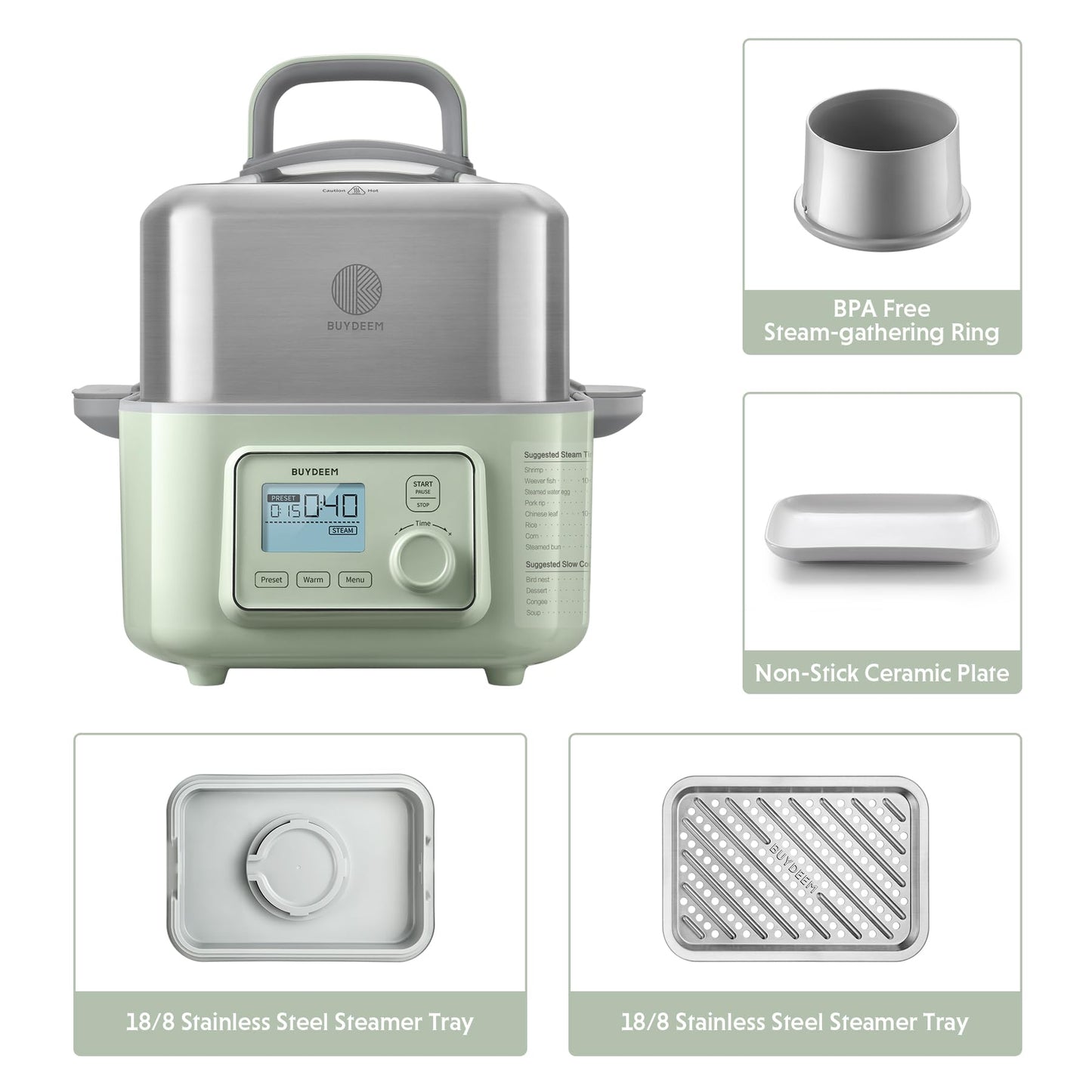 BUYDEEM G553 5-Quart Electric Food Steamer for 2-4 Servings, One Touch Vegetable Steamer for Cooking, Digital Multifunctional Steamer, Quick Steam, Stainless Steel Steamer Tray, No Stew Pots Included