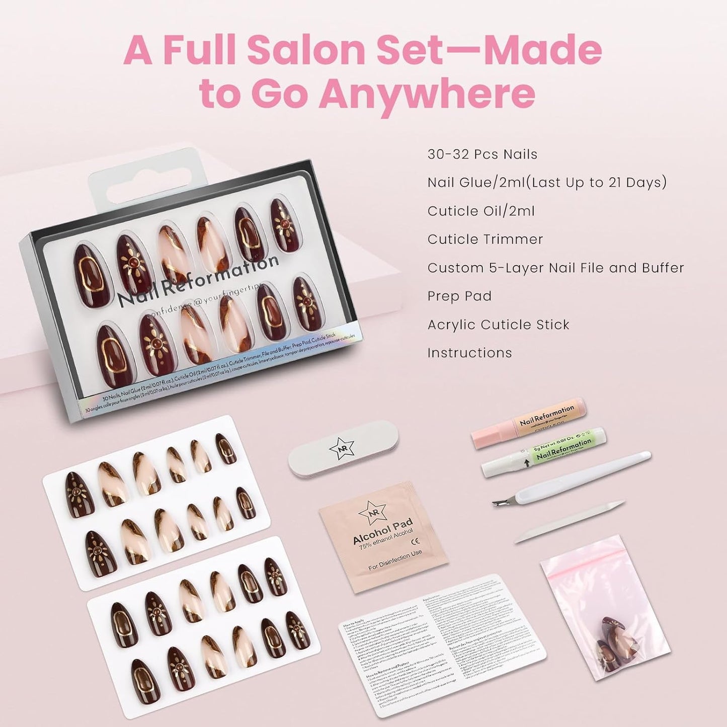 Press On Nails - Sun Stone Medium Almond Fake Nails with 3D Golden Shimmer | Reusable Stick-On Nails in 15 Sizes - 30 Nail Kit for Women