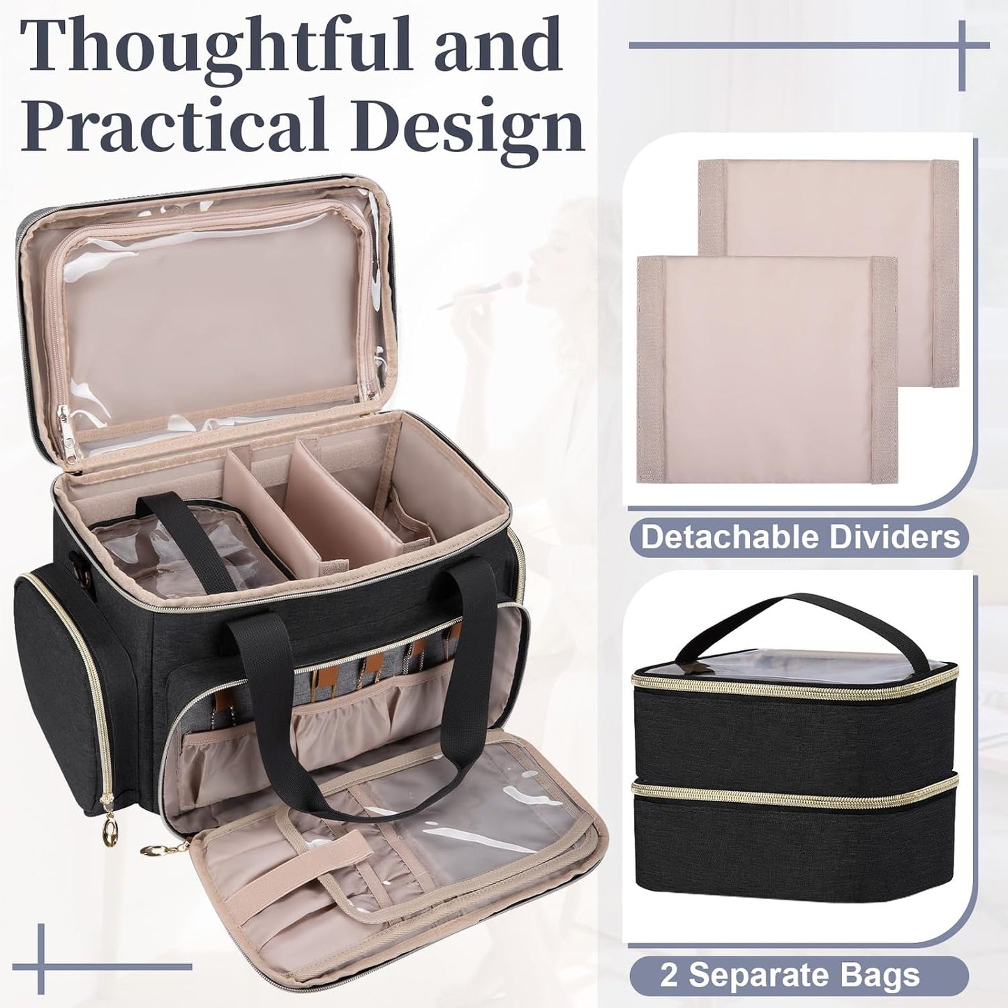 Large Makeup Bag Organizer - Portable Travel Cosmetic Case for Women | 2 Removable Pouches & Detachable Dividers - Black