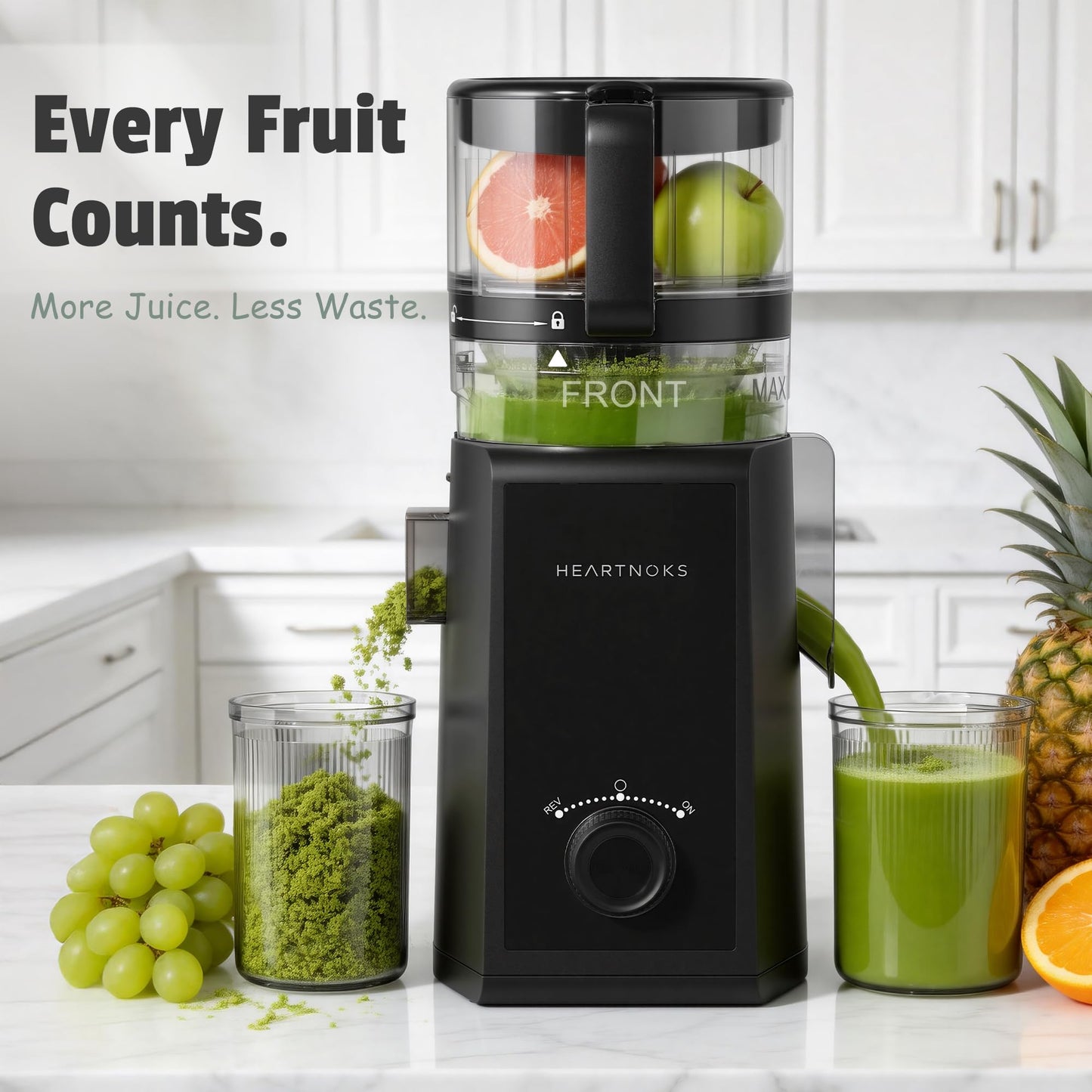 Heartnoks Juicer Machines, 6.5" Extra-Wide Feed Chute Cold Press Juicer for Whole Fruits, Easy to Clean 3-in-1 Juice, Sorbet & Nut Milk Maker, 300W Masticating Juicer for Home & Gifting