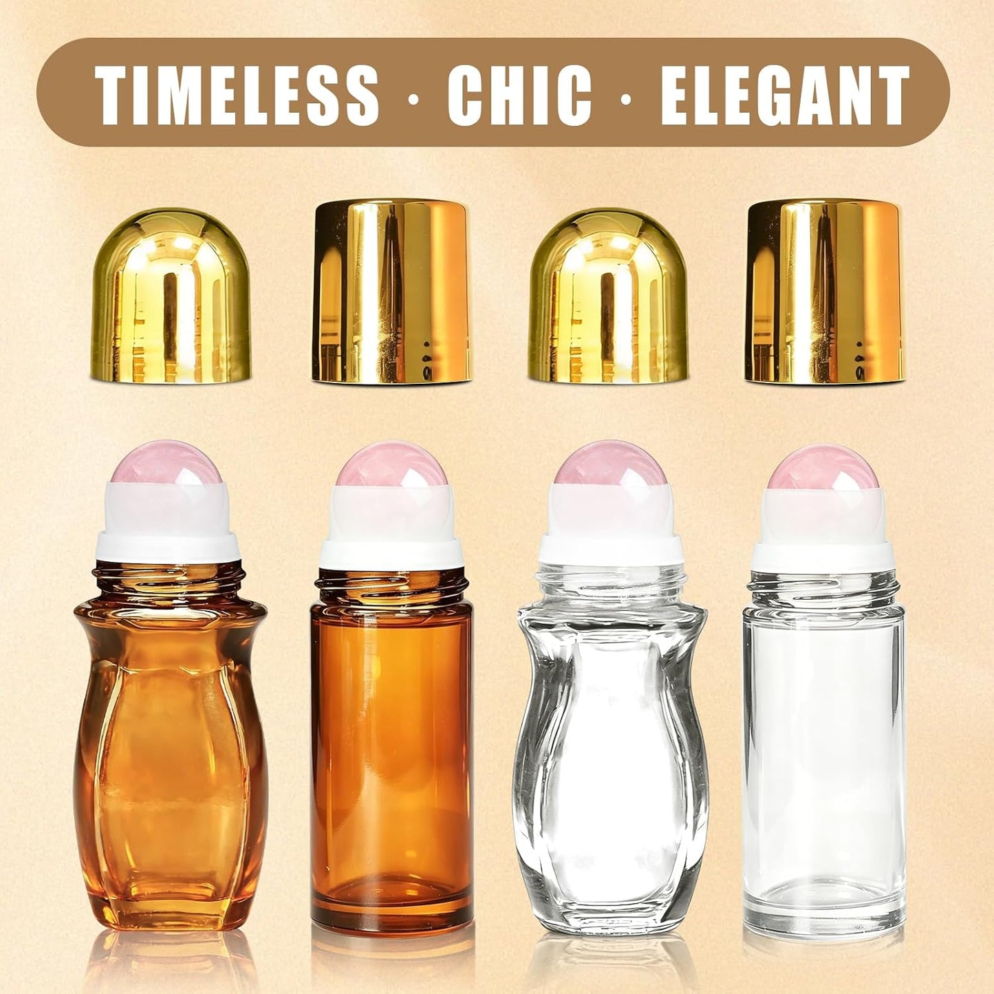 Rose Quartz Roller Bottles - 4 Pack 50ml Refillable Amber Glass | Leak-Proof Essential Oil Containers with Crystal Rollers
