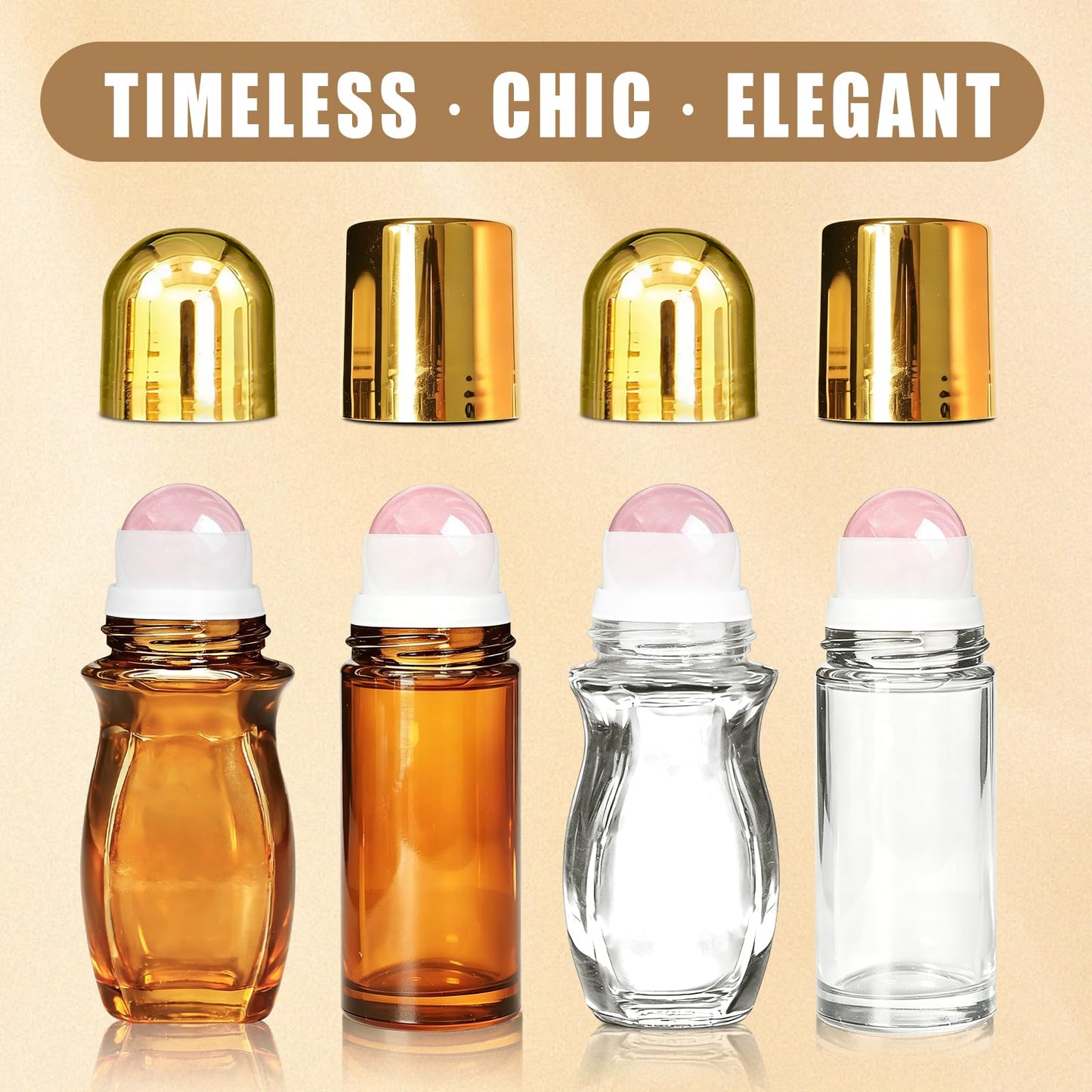 Warmify 4 Pack Rose Quartz Roller Bottles for Essential Oils, 50ml Refillable Amber Glass Roll On Bottles with Natural Crystal Roller Balls, Leak-Proof Travel Perfume Bottle with Gold Caps