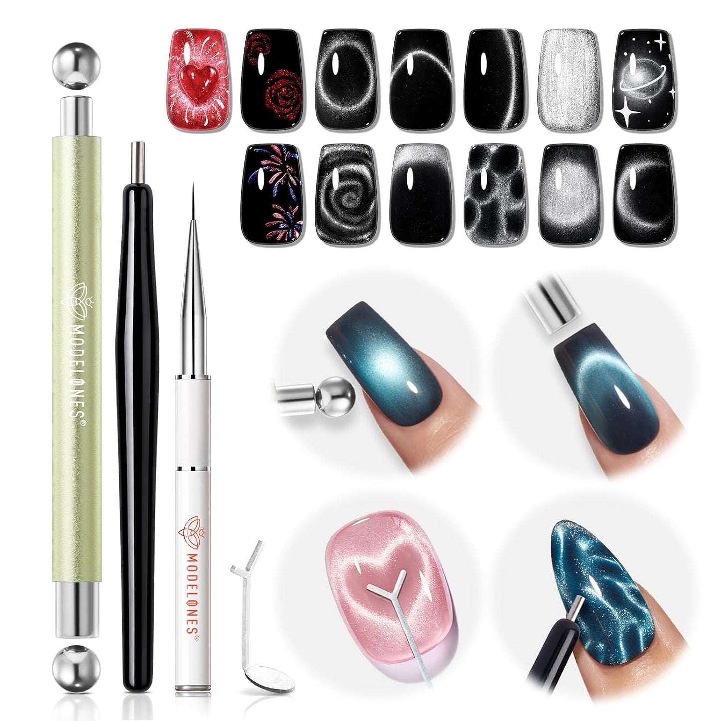 Cat Eye Magnet Set - 5PCS Dual-Head Nail Magnet Pen for Gel Polish | Heart, Lightning & Ball Shapes