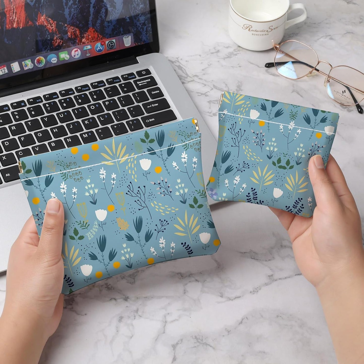 Makeup Bag Set - 2 PCS PU Leather Cosmetic Organizer | Portable Self-Closing Pouch for Women - Blue Flower Design