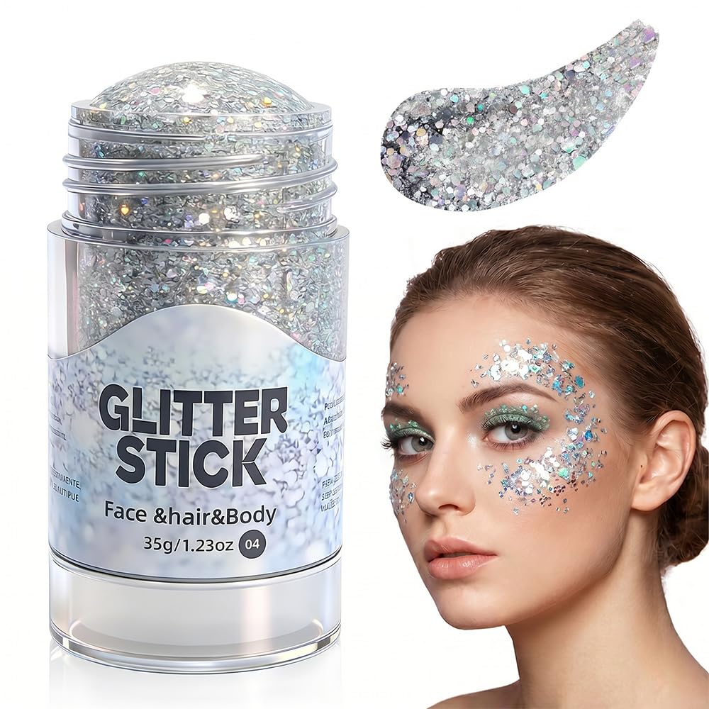 4th of July Glitter Stick, 2026 New Red White Blue Body Hair Sparkle for Independence Day, Upgrade Sparkle Patriotic Pride Chunky Glitter 4th of July Accessories (Grey)