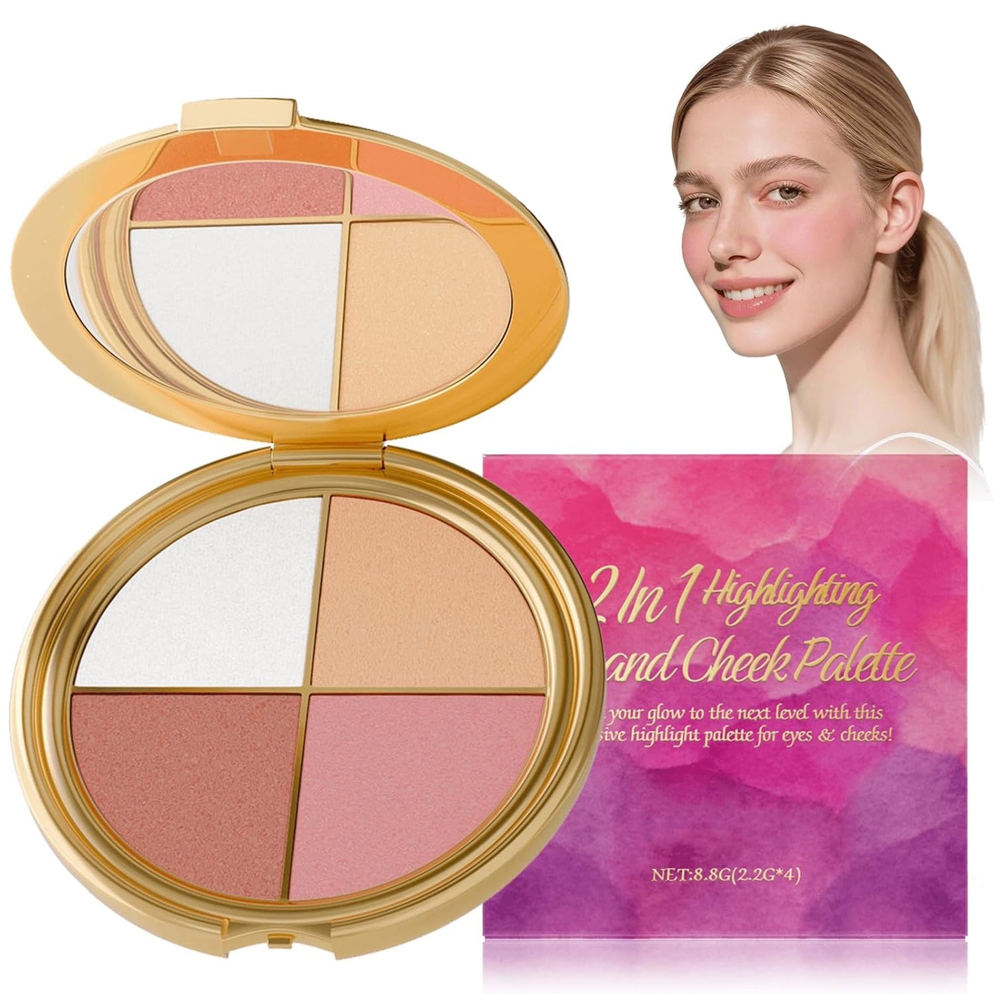 All-in-One Makeup Palette - 4 Color Eye & Cheek Set with Blush, Highlighter & Neutral Eyeshadow | Compact Travel Size for Soft Glow
